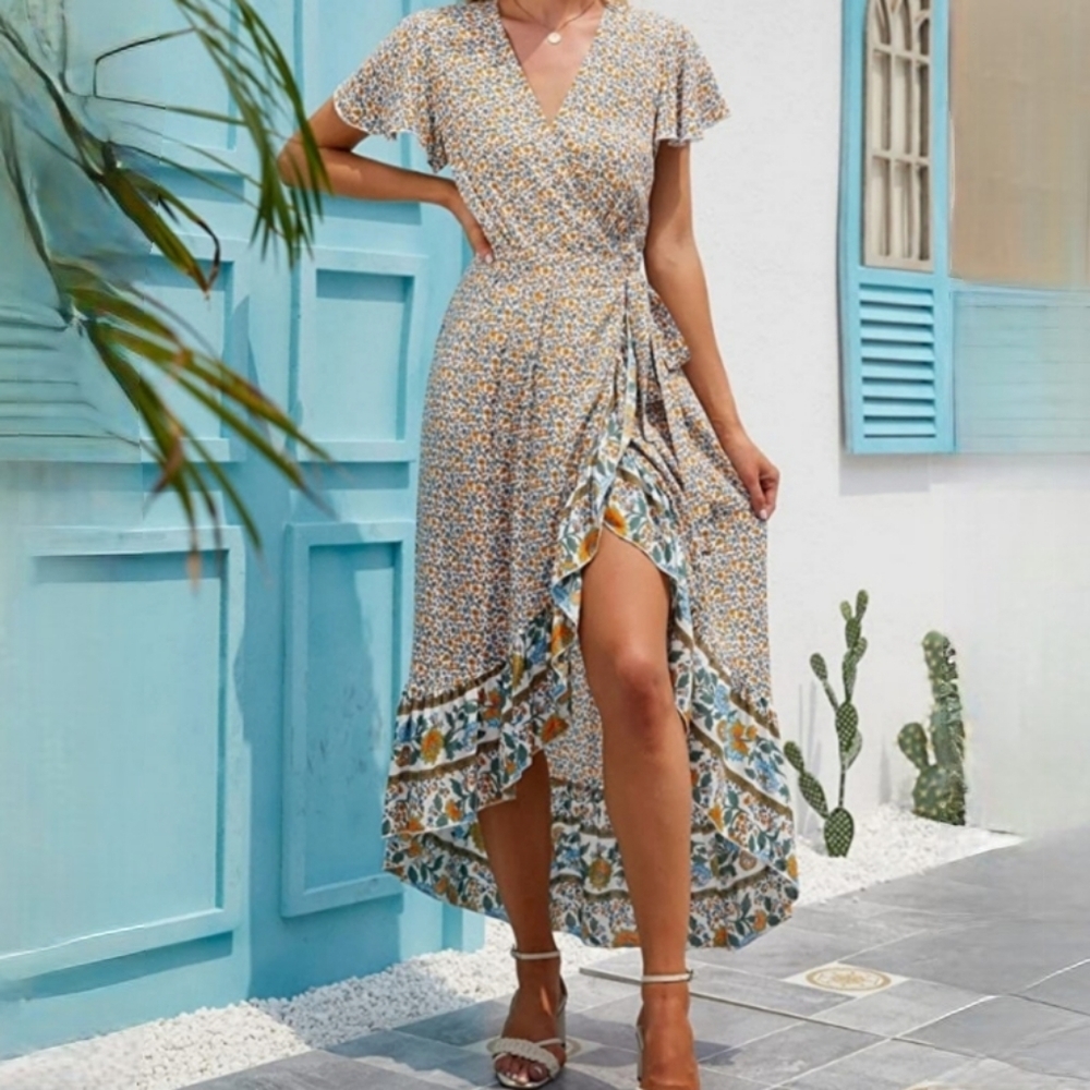 ZESICA Summer Boho Floral Printed Wrap V-Neck Beach Party Flowy Size Small - Picture 2 of 16